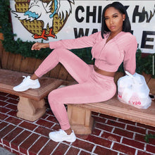 Load image into Gallery viewer, Fashion velvet hooded jacket and trousers two-piece