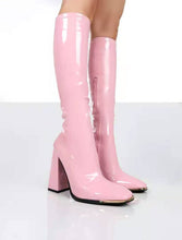 Load image into Gallery viewer, Shiny leather square toe block heel high heel boots(HPSD163)