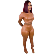 Load image into Gallery viewer, Fashion skinny stretch PU leather pants two-piece set(AY1764)