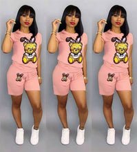 Load image into Gallery viewer, Sequined bear cartoon short sleeve suit AY1041