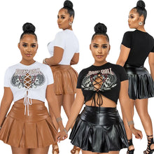 Load image into Gallery viewer, Fashion Print T-Shirt Pleated Leather Skirt Two Piece Set(AY1781)