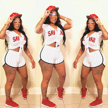 Load image into Gallery viewer, Striped Letter Baseball Jersey Two Piece Set(AY1850)