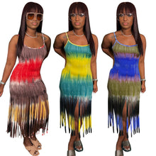 Load image into Gallery viewer, Fashion tie dyed printed tassel suspender dress AY1897