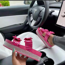 Load image into Gallery viewer, Satin platform slippers with rhinestones