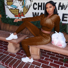 Load image into Gallery viewer, Fashion velvet hooded jacket and trousers two-piece