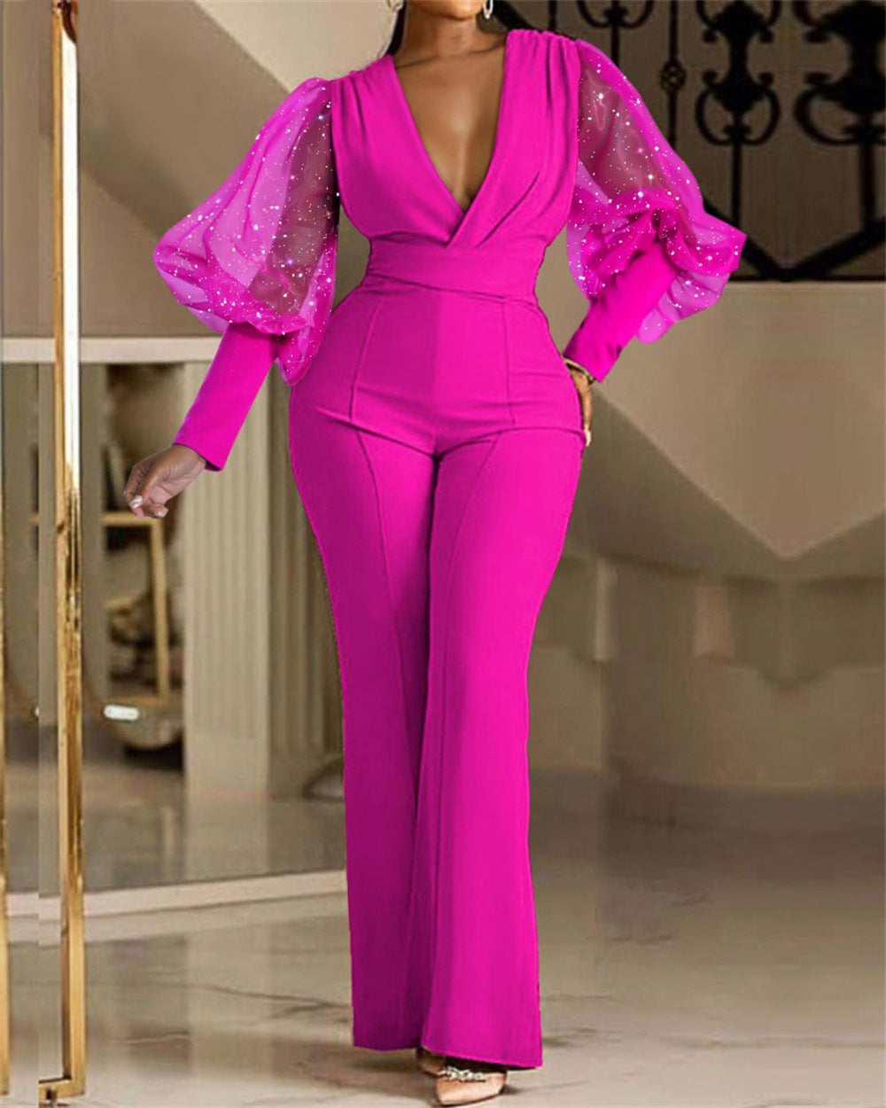 Fashion V-neck mesh patchwork long sleeved jumpsuit AY3130