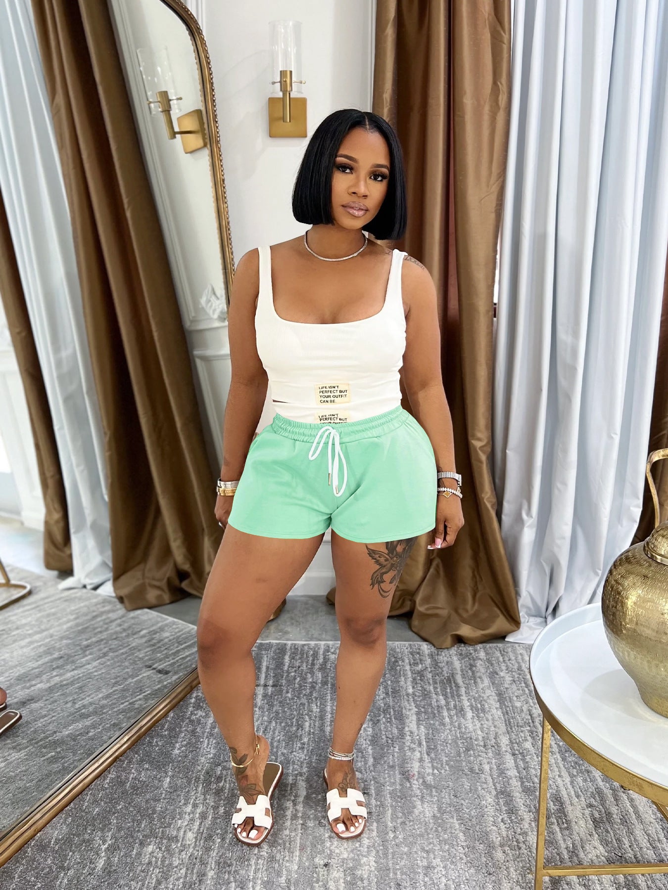 Solid color sports vest fashion casual shorts two-piece set AY3665