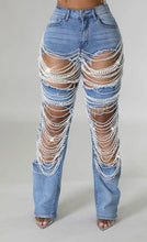 Load image into Gallery viewer, Fashionable ripped jeans chain beaded chain Straight-leg pants
