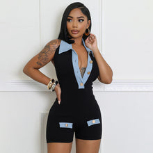 Load image into Gallery viewer, Denim contrast color slim summer women&#39;s jumpsuit shorts
