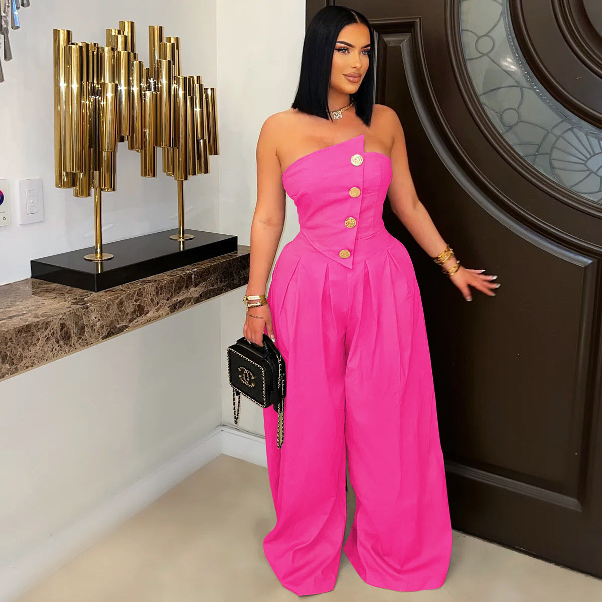 Sexy tube top sleeveless metal button wide leg jumpsuit AY3659