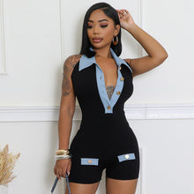 Load image into Gallery viewer, Denim contrast color slim summer women&#39;s jumpsuit shorts
