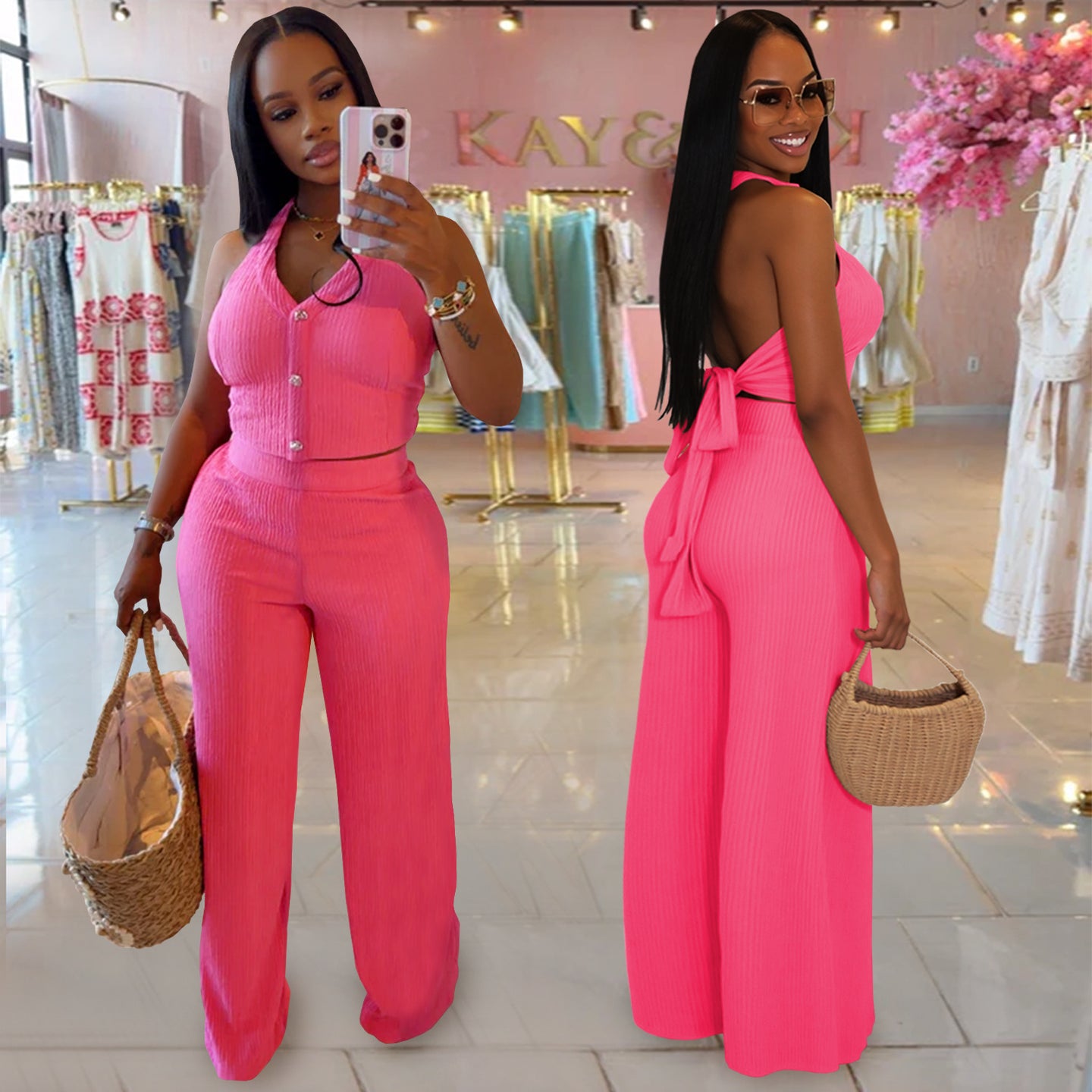 Casual halterneck top and trousers two-piece set