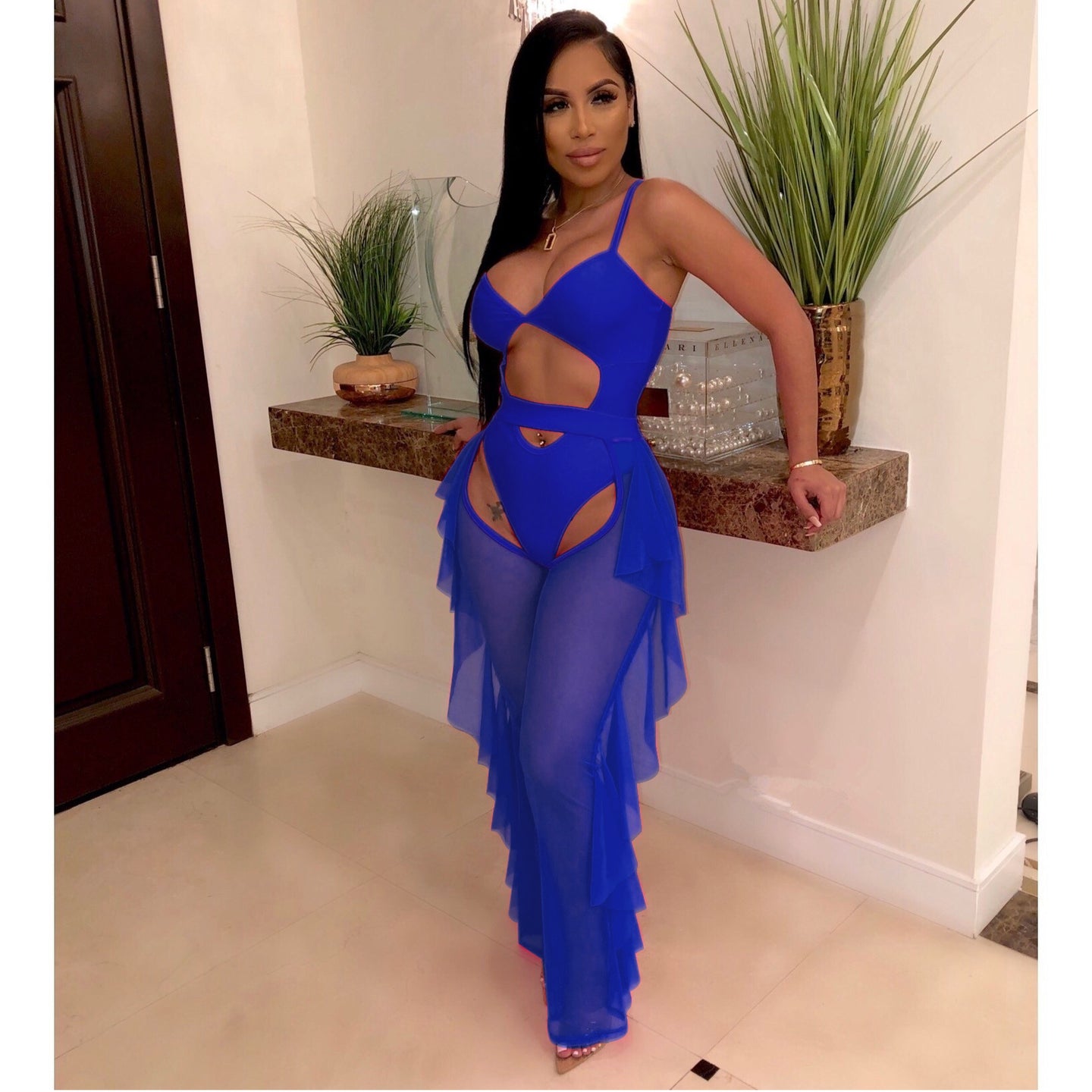 Sexy solid color mesh two-piece set（AY1807）