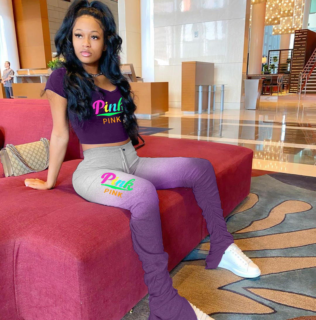 Gradient Alphabet Print Slit Micro Flare Pants Two-Piece Set（AY2269）