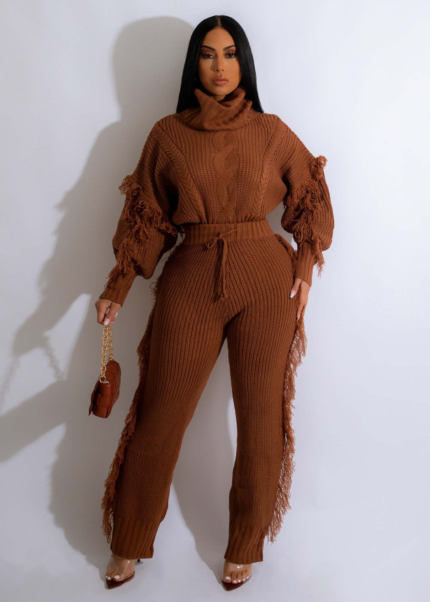 casual  knitting long sleeve high collar tassel suit AY2562