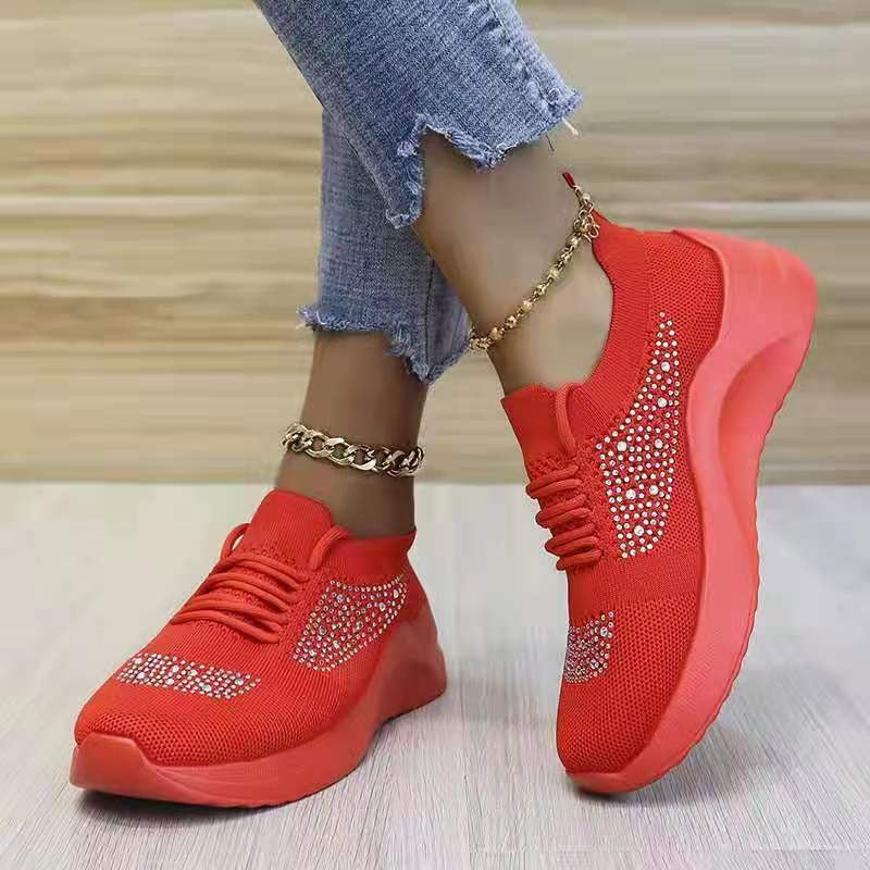 Hot sale flying woven rhinestone breathable sneakers