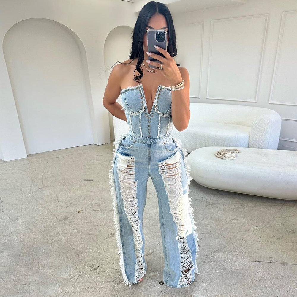 Tassel pierced hole nail drill washed denim jumpsuit AY2761