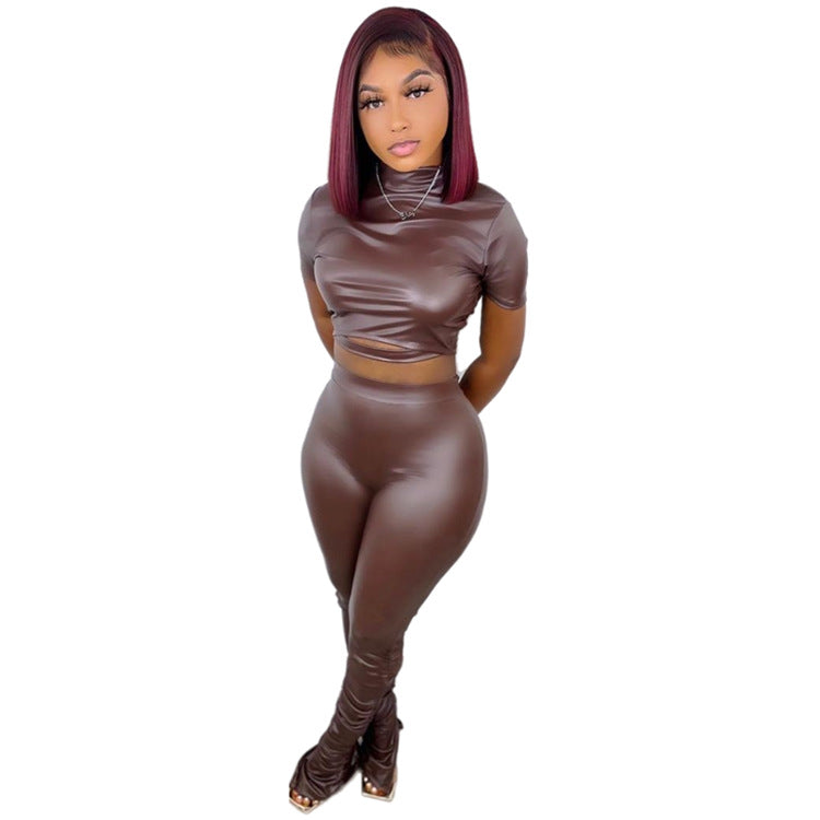 Fashion skinny stretch PU leather pants two-piece set（AY1764）
