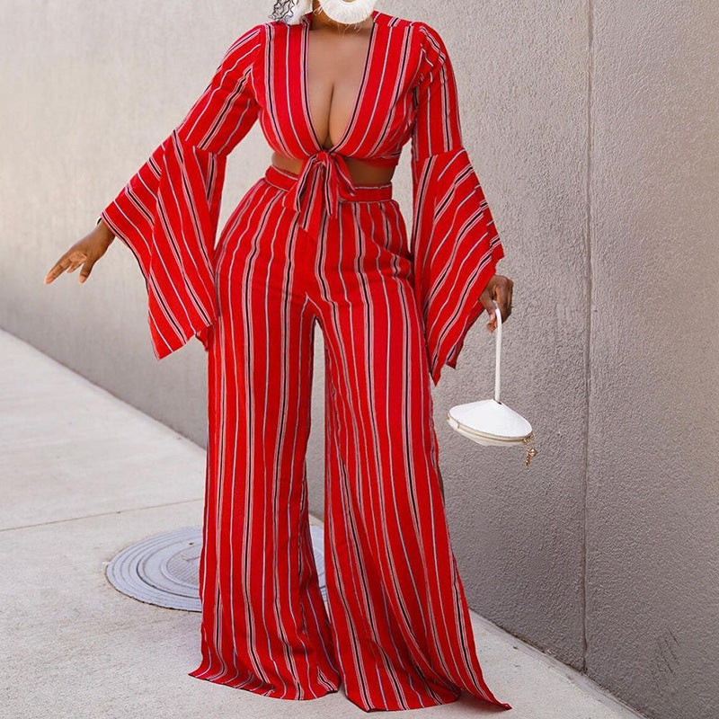 Long Sleeve Short Top Wide Leg Pants Set AY1704