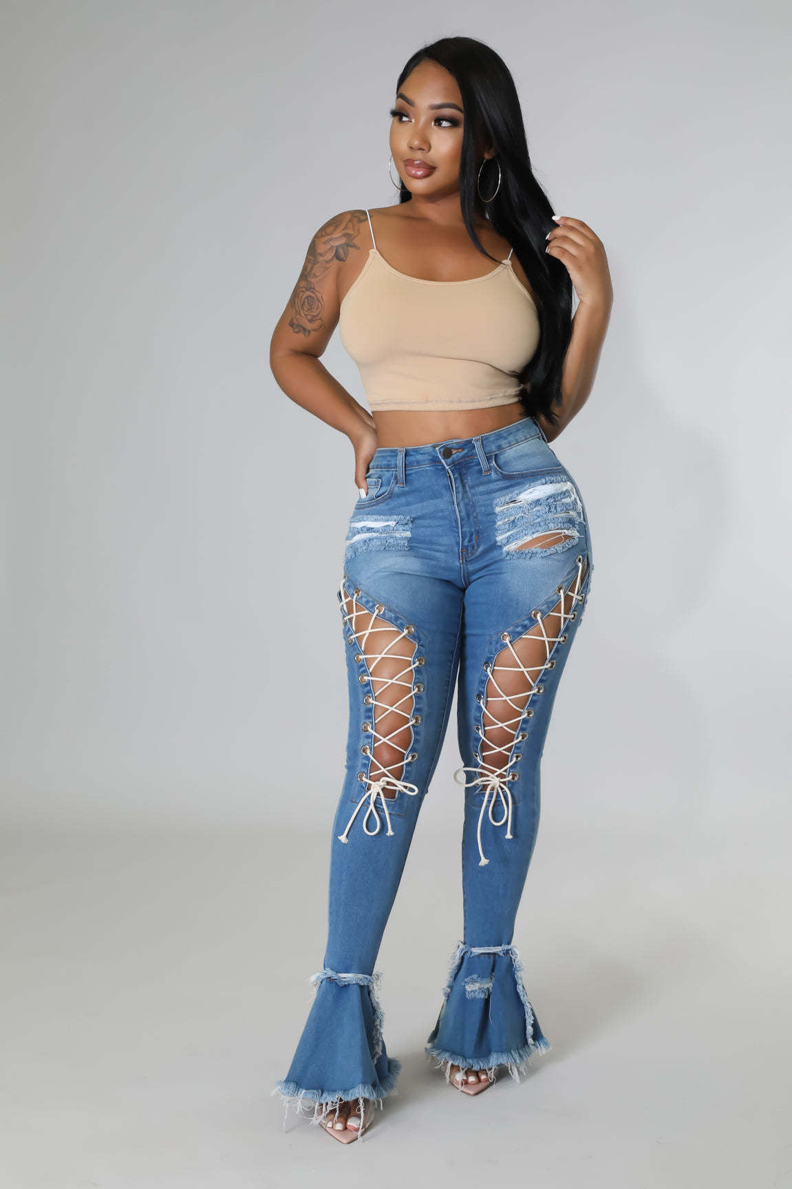 Fashion lace up ripped denim flared pants（AY2333）